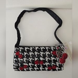 Handmade Beaded Cherry Shoulder Bag – Black & White Houndstooth with Charm